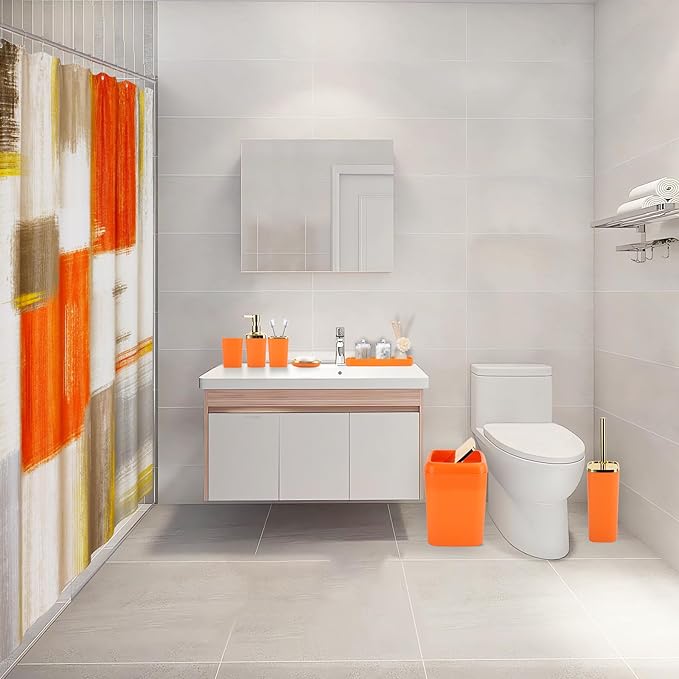 Orange Bathroom Accessories Set, Bathroom Sets with Shower Curtain, Orange Bathroom Accessories with Trash Can, Soap Dispenser, Soap Dish, Toilet Brush Holder, Qtip Holders for Bathroom