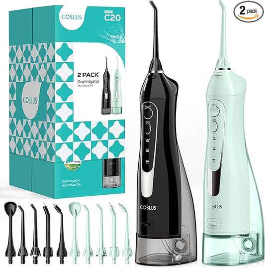 COSLUS 2 Pack Cordless Water Flosser with Elegant Packaging for Teeth, Braces, Gums Care - Easy to Use, Rechargeable, Waterproof, Portable for Travel, BPA-Free, Black & Green, C20(F5020E)