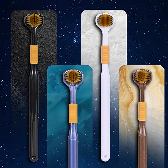 4-Piece Set of 3-Sided Medium toothbrushes for Adults, Soft Bristle Toothbrush for Comprehensive Care of Teeth and Gums, Suitable for Adult and Youth (Black, White, Brown, Blue, Adults)