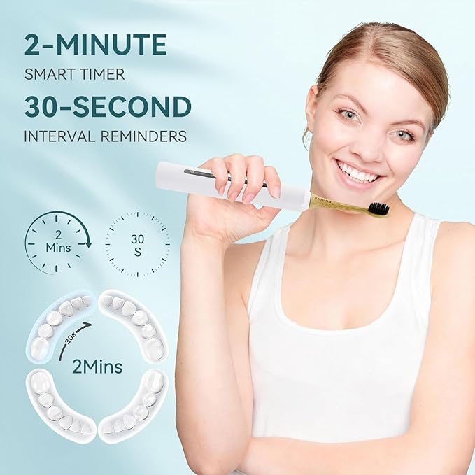 Bamboo Electric Toothbrush for Adults丨Rechargeable Electric Toothbrush with 3 Non Toxic Charcoal Infused Bamboo Brush Heads, 5 Cleaning Modes, 60 Days Battery Life, IPX7 Waterproof-White