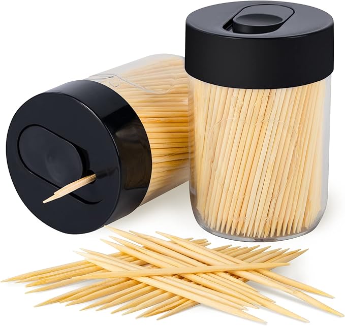 Urbanstrive Sturdy Safe Toothpick Holder with 800 Natural Wood Toothpicks for Teeth Cleaning, Unique Home Design Decoration, Unusual Gift, 2 Pack (Black)