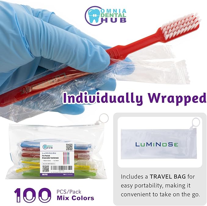 100 PCs Disposable Prepasted Toothbrushes by Omnia ONE | Convenient, Ready-to-Use, Hygienic – Perfect for Travel, Dental Offices, and On-The-Go Oral Care