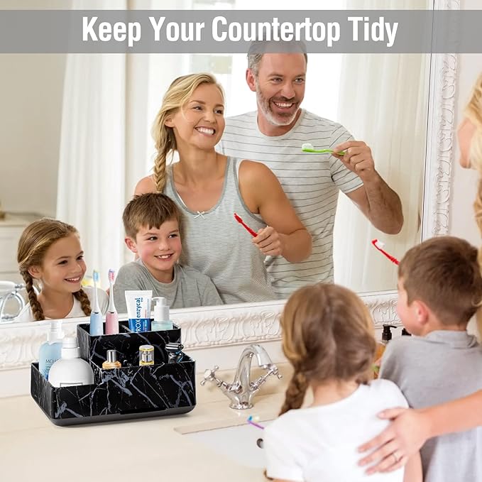 Electric Toothbrush Holder for Bathroom, Plastic Bathroom Countertop Organizer Compartment, Vanity Organizer Tray,Countertop Organizer Box, Kids Desk Organizers and Storage,Black Marble Pattern