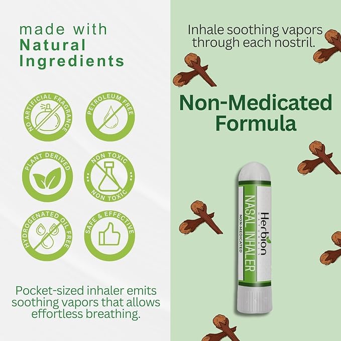 HERBION Naturals Nasal Inhaler Non-Medicated, Relieves Nasal Congestion & Blockage, Sinusitis Conditions, Menthol, Clove Oil, Eucalyptus Oil & Camphor, 0.05 Fl Oz (1.5ml)