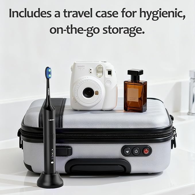 Lächen Electric Toothbrush for Adults – Sonic Rechargeable, 5 Modes & Smart Timer, Travel Case & Wireless Charging, 4 Brush Heads, IPX7 Waterproof (Black)