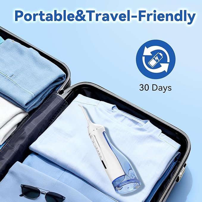 Cordless Portable Water Flosser with 300ML Tank: Rechargeable Oral Irrigator with 5 Tips for Travel, Braces Care and Sensitive Gums, IPX7 Waterproof Teeth Cleaning Device(White)