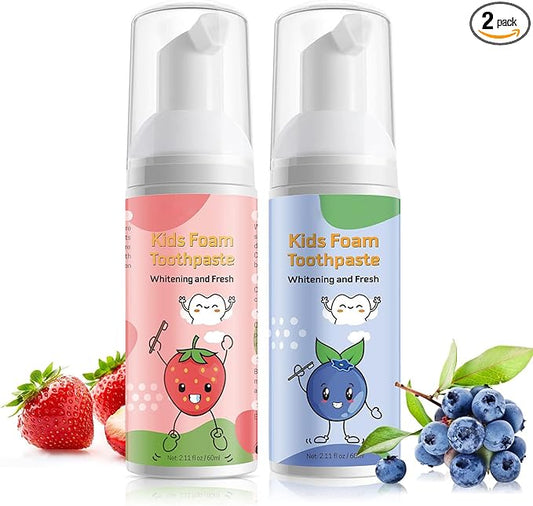 Foam Toothpaste Kids,Toddler Toothpaste with Low Fluoride & Natural Formula to Reduce Plaque, Kids Toothpaste for U Shaped Toothbrush for Children Ages 3 Plus (120 ML, Blueberry & Strawberry)