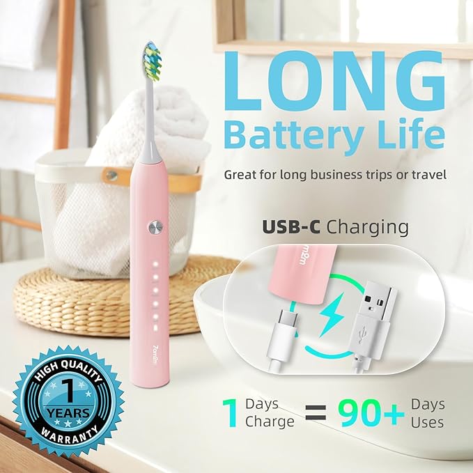 7AM2M Ultrasonic Electric Toothbrush for Adults and Kids, USB-C Rechargeable with 4 Brush Heads & 5 Modes, One Charge for 90 Days, 40000 VPM High-Powered, 2 Minutes Built-in Smart Timer, Pink