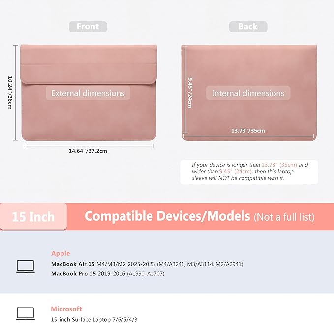 HYZUO 15 Inch Laptop Sleeve Case with Stand for MacBook Air 15 M4 A3241 M3 A3114 M2 A2941 2025-2023, 15" Surface Laptop 7/6/5/4, MacBook Pro 15 A1990 A1707 2019-2016, with Pouch, Pink