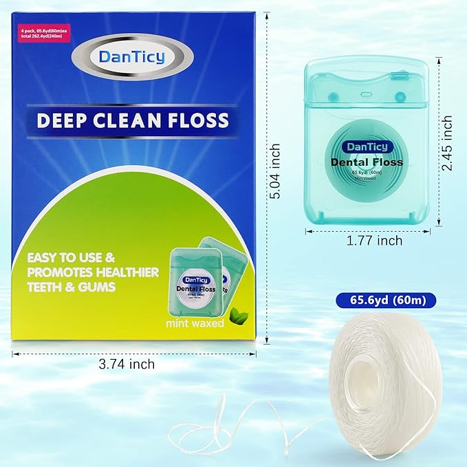 Dental Floss Deep Clean Waxed Floss Extra Wide Cleaning Slides Smoothly & Easily Perfect for Individuals with Tight & Small Gaps Between Teeth PFAS Free | Mint Flavored 66Yards x 4 Pack 630D