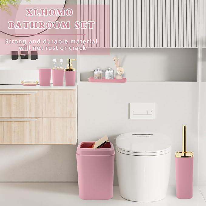 Pink and Gold Bathroom Accessories Set, Bathroom Sets with Shower Curtain, Pink Bathroom Accessories with Trash Can, Soap Dispenser, Soap Dish, Toilet Brush Holder, Qtip Holders for Bathroom