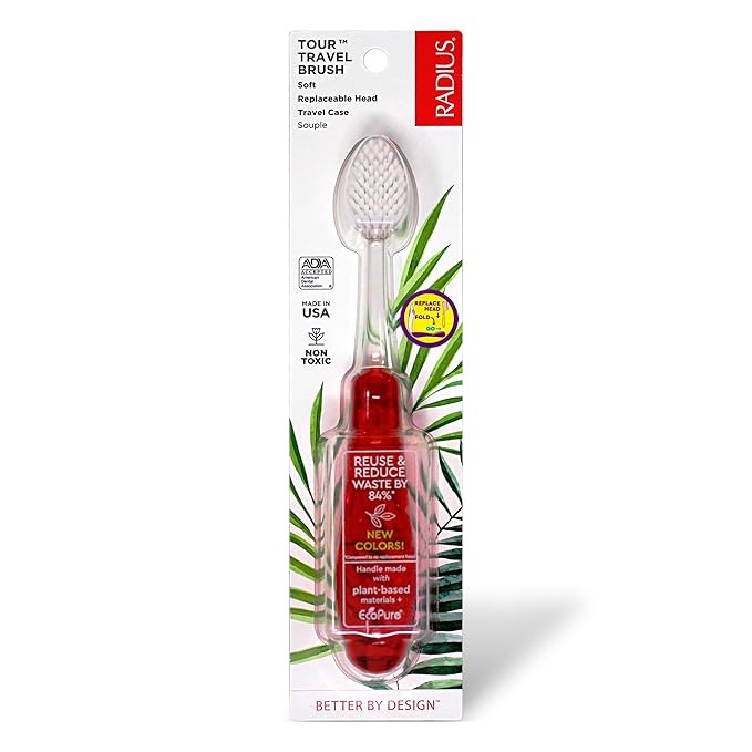 RADIUS Tour Travel Brush & Case With Replaceable Brush Head ADA Accepted Toothbrush Improve Gum Health - Red - Pack of 1