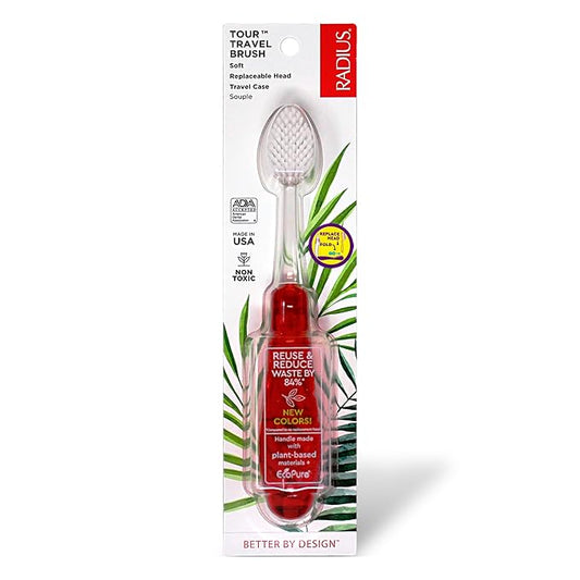 RADIUS Tour Travel Brush & Case With Replaceable Brush Head ADA Accepted Toothbrush Improve Gum Health - Red - Pack of 1