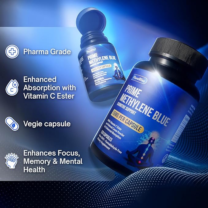 FloraBliss 120 Methylene Blue Capsules - 16mg | Natural Cacao and Vitamin C Ester for Added Support | Vegan, Non-GMO, Gluten-Free