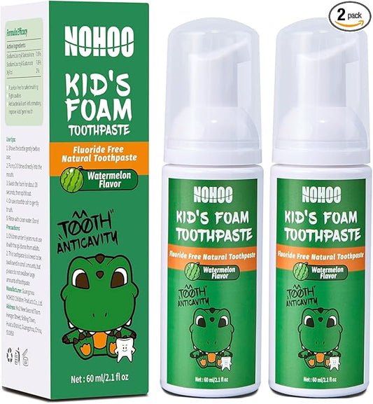 NOHOO Fluoride Free Foam Toothpaste Kids Watermelon,Natural Training Toothpaste for Baby Toddler Children Oral Cleaning and Cavity Protection(2 Pack)