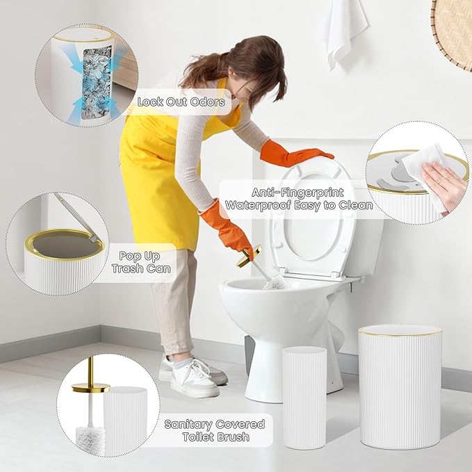 White and Gold Bathroom Accessories Set, 10PC Bathroom Set, Bath Accessory with Pop Up Trash Can, Soap Dispenser, Toilet Brush, Toothbrush Set Qtip Holders & Tray
