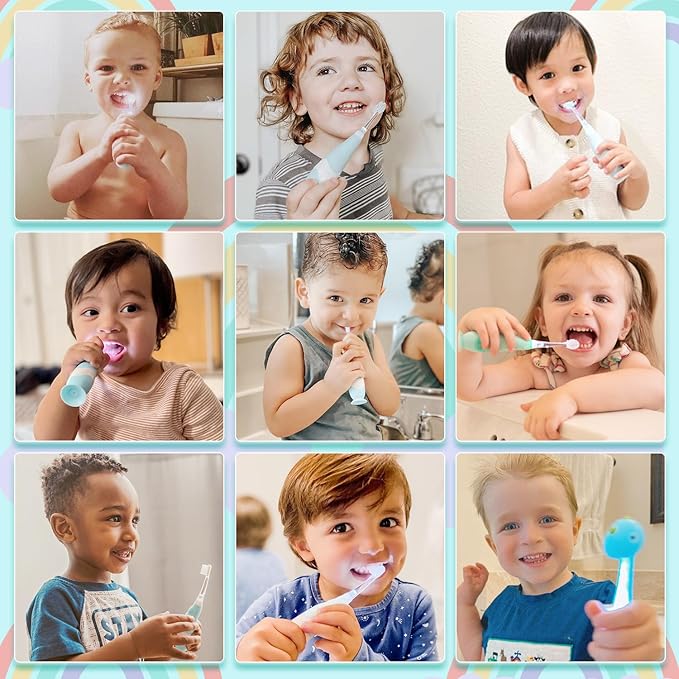 Papablic Toddler Sonic Electric Toothbrush Kids for Ages 1-3 Years, Baby Electric Toothbrush with Cute Dino Cover and Smart LED Timer, 2 Brush Heads (Debby)