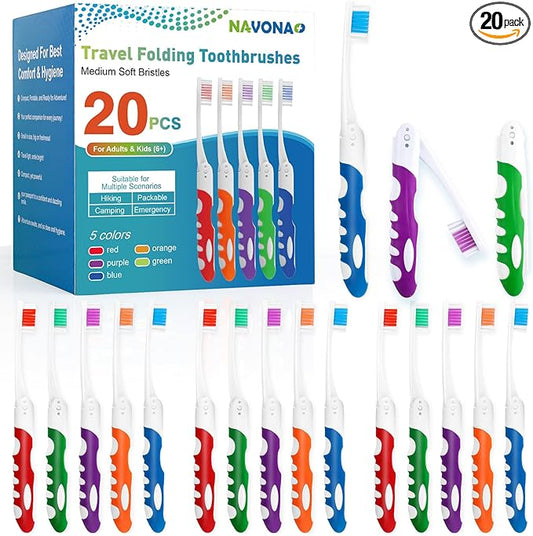 Navona 20 PCS Travel Toothbrush Set, Travel Size Toothbrush, Folding Mini Toothbrushes, Portable Individually Wrapped Bulk Toothbrushes, Medium Bristles for Camping, Hiking, School