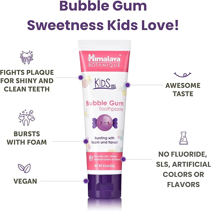 Himalaya Botanique Kids Toothpaste with Xylitol, Bubble Gum Flavor - Gentle Fluoride Free Toothpaste - Vegan, Gluten Free, SLS Free, No Artificial Flavors or Colors, 4 oz