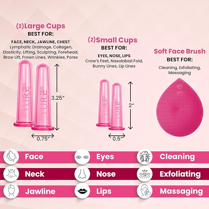 Glam Facial Face Cupping Set - Cupping Therapy Sets Massage Kit with Silicone Cleansing Brush for Instantly Ageless Skin, Works for Fine Lines & Wrinkles, Improves Collagen (Glam - Pink)
