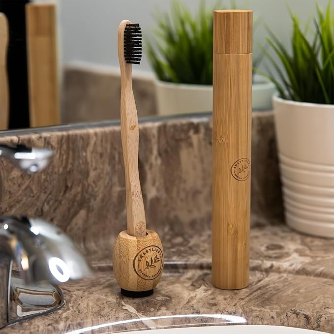 Bamboo Charcoal Toothbrush with Travel Case & Holder Kit - Extra Soft Natural Bristles for Sensitive Teeth | Eco Friendly Portable Wooden Travel Set | Single Wood Toothbrushes Stand & Cover