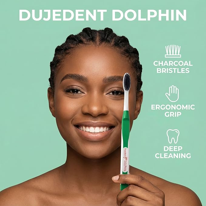 Dolphin Charcoal Toothbrush Extra Soft Bristle Manual Soft Long Flossing, Ultra Clean Toothbrush, Good for Sensitive Teeth and Gums (Yellow, Charcoal 4 Packs)