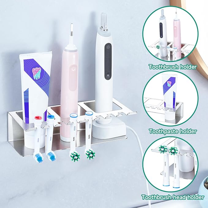 Electric Toothbrush Head Holders, Electric Toothbrush Holders Wall Mounted, Shower Electric Head Holder, Toothbrush and Toothpaste Holder, Tooth Brushing Holder for Bathroom (Silver, Large)