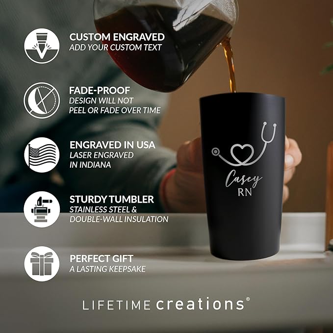 Lifetime Creations Engraved Personalized Nurse Stainless Steel Tumbler with Lid 20 oz (Black) - Custom Nurse Gift, Doctor, Healthcare Worker, RN Coffee Travel Mug