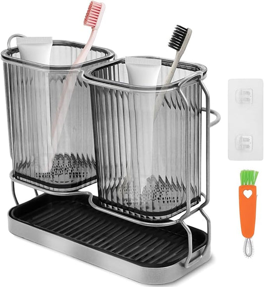 Gray Toothbrush Holders for Bathrooms, Toothbrush Holders with Drain Tray, 2 Cups Tooth Brushing Holder, Bathroom Organizers and Storage Caddy Countertop for Toothpaste, Razors, Toothbrush