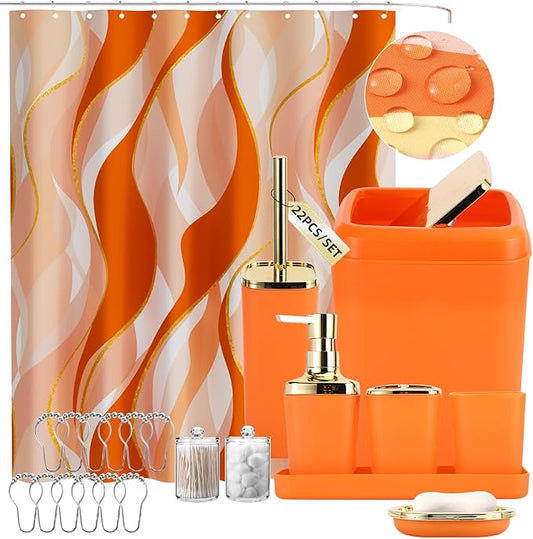 Orange Bathroom Accessories, Bathroom Sets with Stripe Shower Curtain, Orange and Gold Bathroom Accessories Set with Trash Can, Soap Dispenser, Soap Dish, Qtip Holders for Bathroom