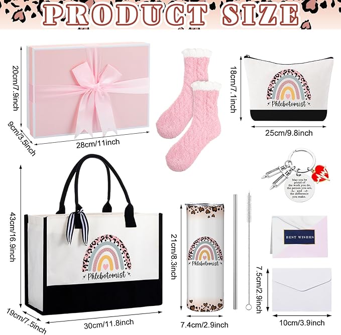 Geiserailie 8 Pcs Phlebotomist Week Gifts for Women Including Large Tote Bag Cosmetic Bags Tumbler Cup Plush Socks Metal Keychain Card and Envelope for Phlebotomist Week Thank You Gifts