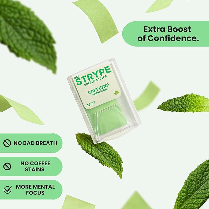Energy Strips | Instant Caffeine in a Strip | 80mg per Serving | Portable Caffeine + Breath Mints | Zero Calories & Zero Sugar | Spearmint Flavor | 12 Strips per Pack (5 Pack/60 Total)