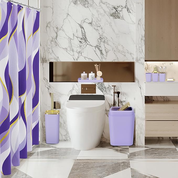 Purple Bathroom Accessories, Bathroom Sets with Stripe Shower Curtain, Purple and Gold Bathroom Accessories Set with Trash Can, Soap Dispenser, Soap Dish, Qtip Holders for Bathroom