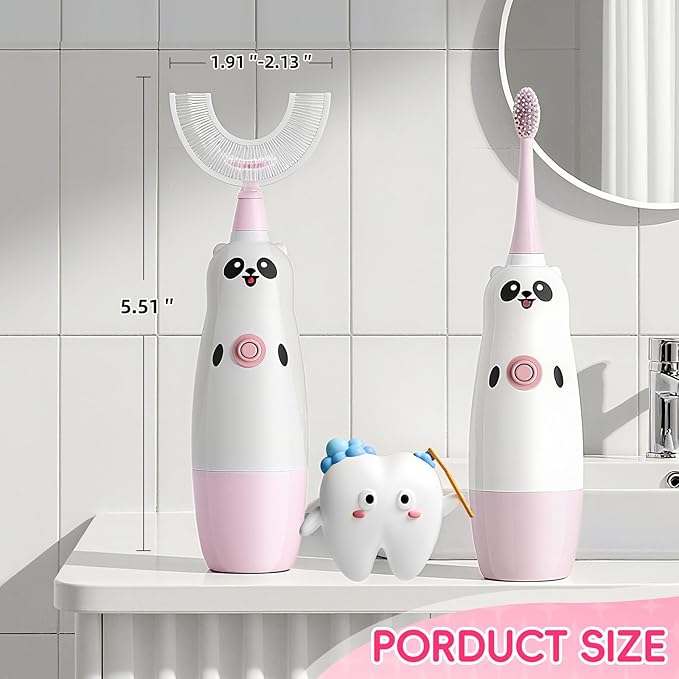 Kids U-Shaped Electric Toothbrush with 2 Brush Heads, Toddlers Sonic with 360 Degree Cleaning, Soft Bristles, Battery Included, IPX7 Waterproof, Cute cartoon for Girls and Boys, Ages 2-7 (Pink)