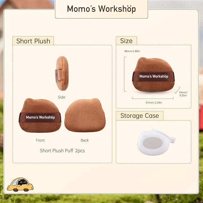 Single-Ear Short Plush Puff,Brown Velvet Powder Puff, 85° Pointed Tip for Highlighting & Full-Face Setting,3pcs Plush Puffs & Storage Case