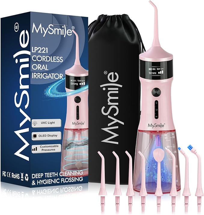 MySmile LP221 UVC Sterilizable Cordless Water Flossers for Teeth 335ML Portable OLED Display Dental Flosser with 4 Modes 8 Jet Tips and a Storage Pouch for Home and Travel (Juicy Pink)