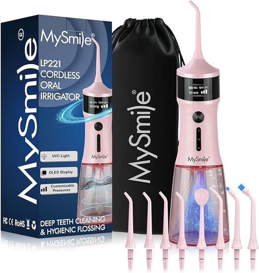 MySmile LP221 UVC Sterilizable Cordless Water Flossers for Teeth 335ML Portable OLED Display Dental Flosser with 4 Modes 8 Jet Tips and a Storage Pouch for Home and Travel (Juicy Pink)