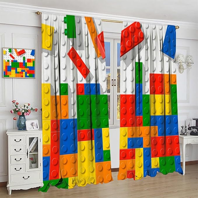 Building Blocks Toy Curtain Rod Pocket Children's Nursery Abstract Outline Colorful Plastic Toy Brick Geometric Print Pattern Curtain Boys Girls Bedroom Playroom 2 Panels 42x63in