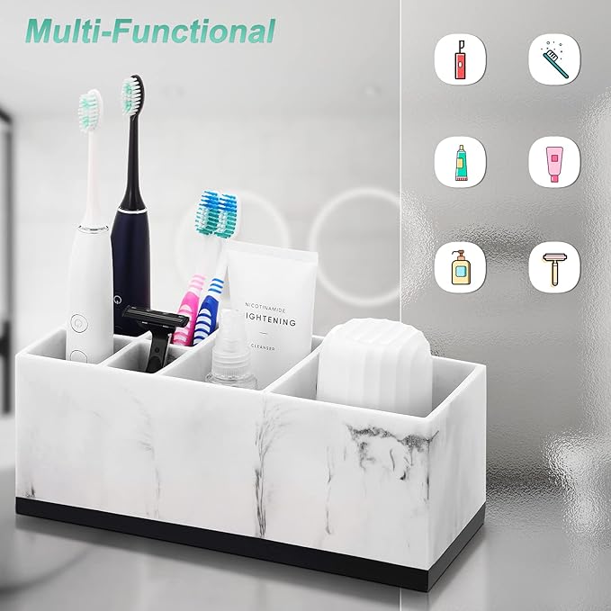 VITVITI Toothbrush Holder for Bathroom, Bathroom Organizer Countertop, Rectangle 6 Compartment Bathroom Accessories Storage for Toothpaste/Vanity Counter/Sink, White Resin of Marble Color