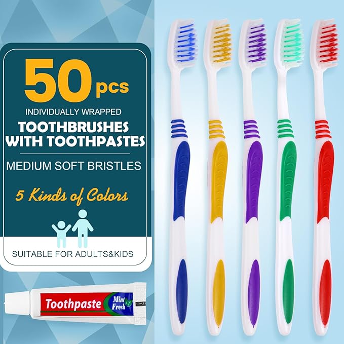 Navona 50 PCS Disposable Toothbrush with Toothpaste Bulk, Travel Toothpaste, Bulk Toothpastes, Individually Wrapped Bulk Toothbrush, Ergonomics Handle,Medium Soft Bristle, Perfect for Travel, Hotel