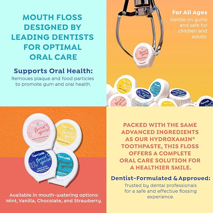 SuperMouth Fluoride-Free Floss – Expanding Floss for Plaque Removal & Enamel Support – Gentle Formula for Kids, Adults & Pregnant Women– Nano-Hydroxyapatite + Vitamins D3 & K2 – 4 Delicious Flavors