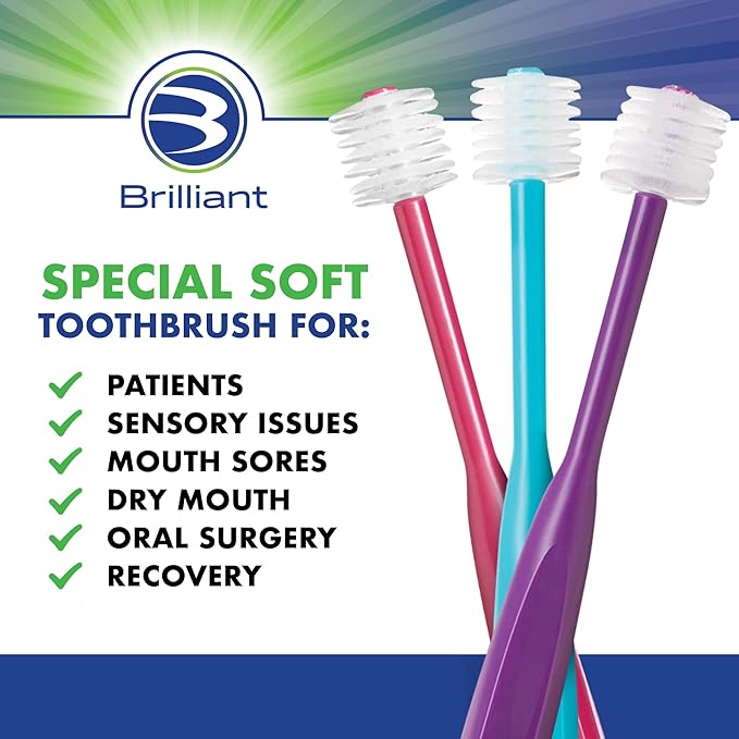 Brilliant Specialty Adult Round Toothbrush for Sensitive Mouths to Support Chemo and Other Sensory Oral Care Needs with Ultra Soft Bristles, Teal, 3 Pack