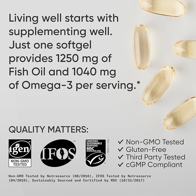 Sports Research Triple Strength Omega 3 Fish Oil 1250mg from Wild Alaska Pollock - Burpless Fish Oil Supplement with Omega3s EPA & DHA - Sustainably Sourced, Non-GMO, Gluten Free - 30 Softgels