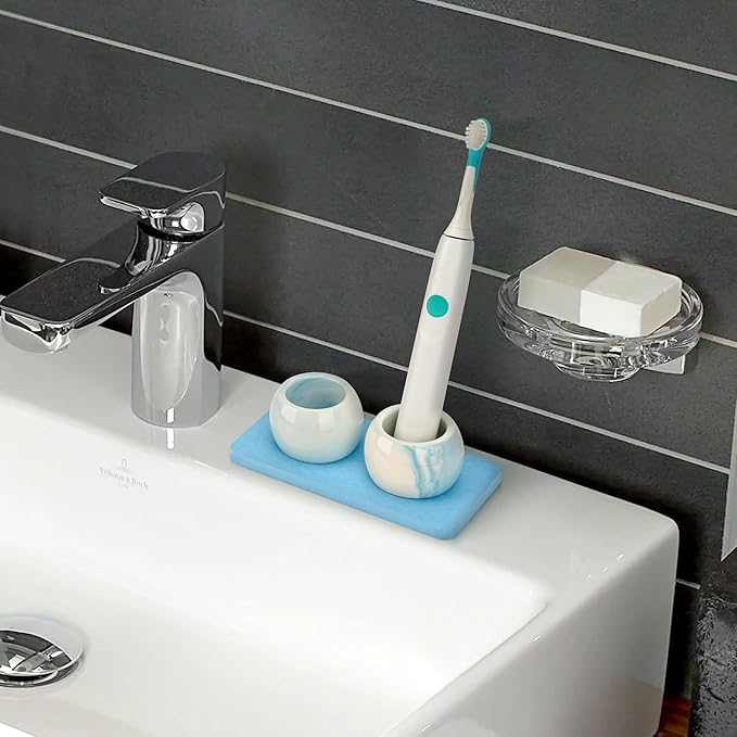 2 Pack Ceramic Toothbrush Holder with Diatomite Toothbrush Tray for Bathroom Shower Countertop Storage Organizer, Small Toothpaste Razor Electric Tooth Brush Head Stand (Blue)
