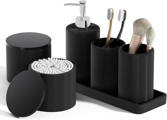 6-Piece Black Bathroom Set - Mesh Textured Resin Bathroom Accessories Set with Soap Dispenser, Toothbrush Holder, Cup, Vanity Tray & Apothecary Jars for Small Spaces