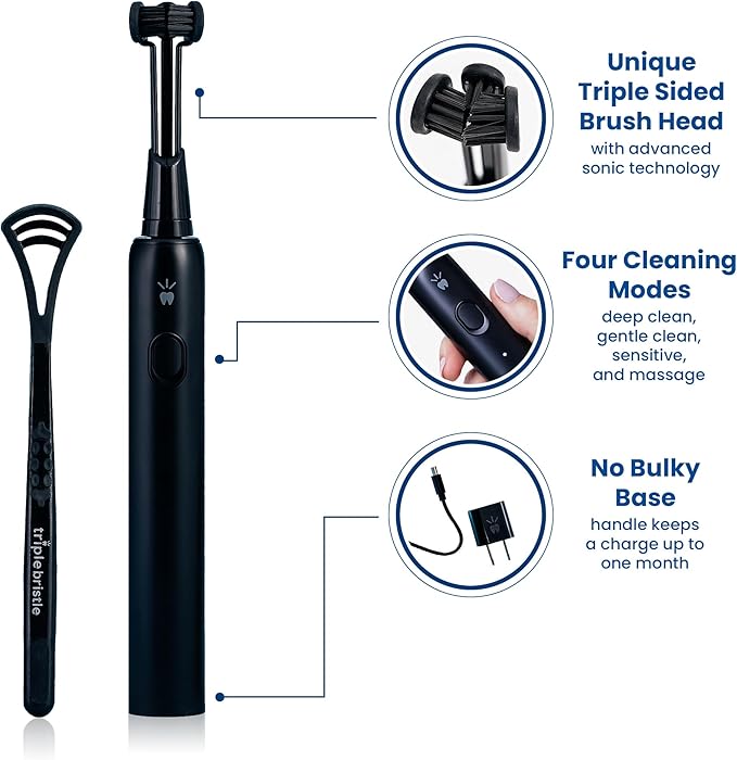 Triple Bristle Max Sonic | 3 Sided Toothbrush w/ 4 Modes | Dentist Created & Approved Triple Sided | Soft Charcoal Infused Nylon Bristles | Rechargeable & Waterproof