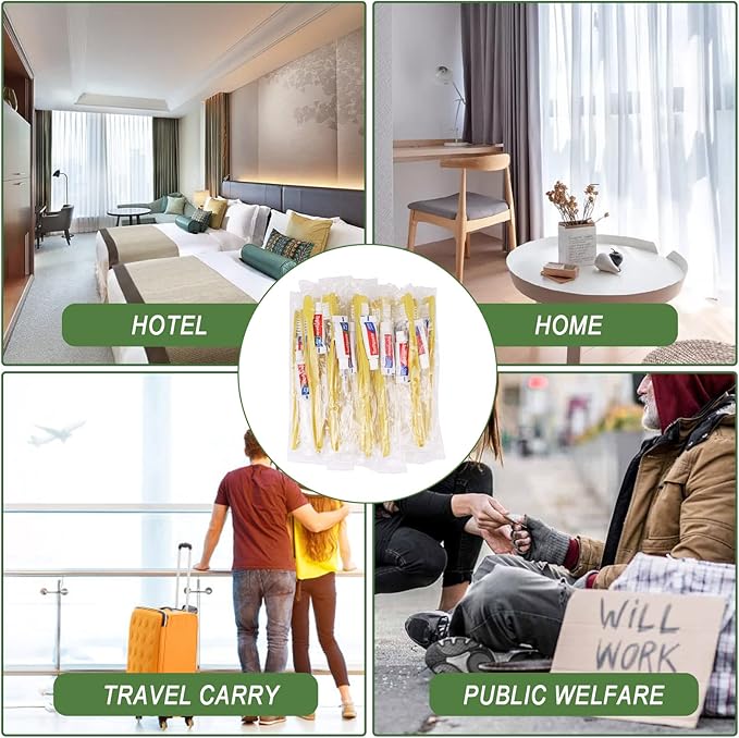 Disposable Toothbrushes with Toothpaste,30 Pack Yellow Hollow Individually Wrapped Disposable Travel Toothbrushes Kit in Bulk for Homeless,Nursing Home,Hotel,Charity