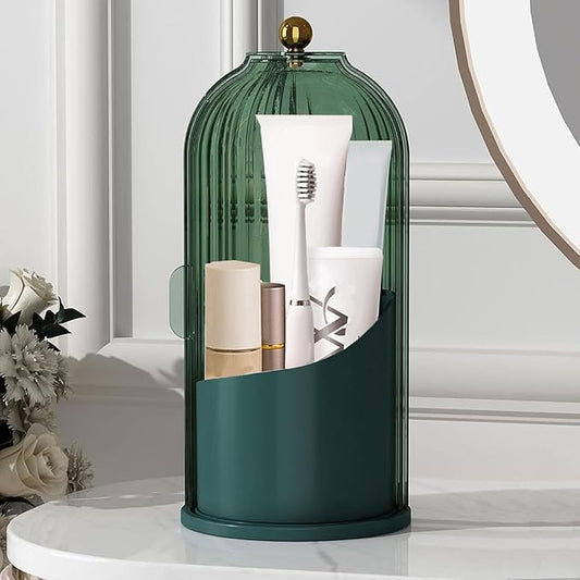 Makeup Brush Organizer Toothbrush Holder with Transparent Door Lid, 360 Rotating Sliding Opening, Door Dustproof&Waterproof for Vanity Bathroom Bedroom (Green)