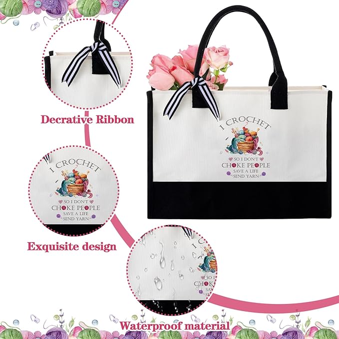 Geiserailie 8 Pcs Christmas Crochet Hobbyist Gifts for Women Including Large Tote Bag Cosmetic Bags Tumbler Cup Plush Socks Metal Keychain Card and Envelope for Crochet Hobbyist Thank You Gifts