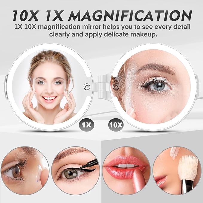FUNTOUCH Travel Mirror with Light, 1X/10X Double Sided Magnification Makeup Vanity Mirror with 3 Color Setting, Chargeable Foldable Portable Travel Essential Vanity Mirror with Bag